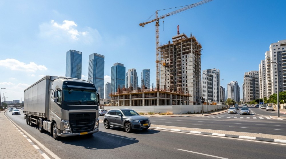 משאית כבדה ורכב פרטי נוסעים ברחוב עירוני לצד אתר בנייה ומגדלי משרדים