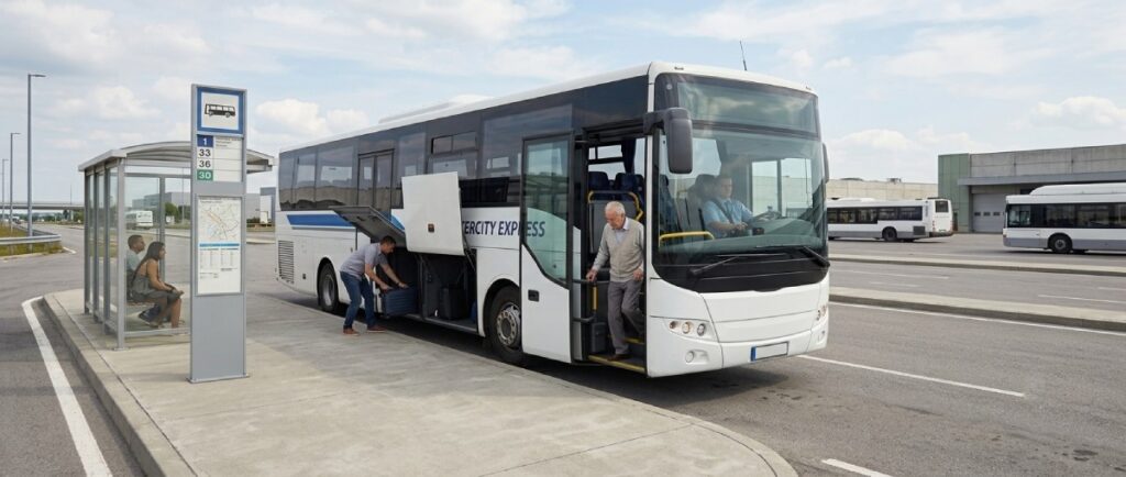 אוטובוס בינעירוני לבן עוצר בתחנה, נוסע מבוגר יורד מהדלת הקדמית וגבר מכניס מזוודה לתא המטען
