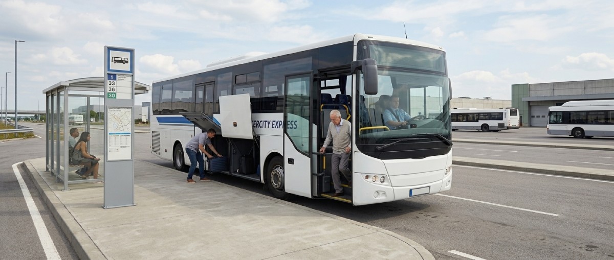 אוטובוס בינעירוני לבן עוצר בתחנה, נוסע מבוגר יורד מהדלת הקדמית וגבר מכניס מזוודה לתא המטען